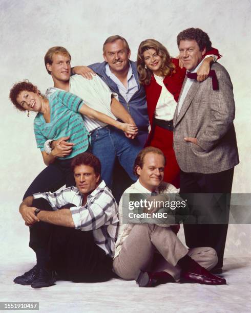 Season 7 -- Pictured: Rhea Perlman as Carla Tortelli, Woody Harrelson as Woody Boyd, John Ratzenberger as Cliff Clavin, Kirstie Alley as Rebecca...