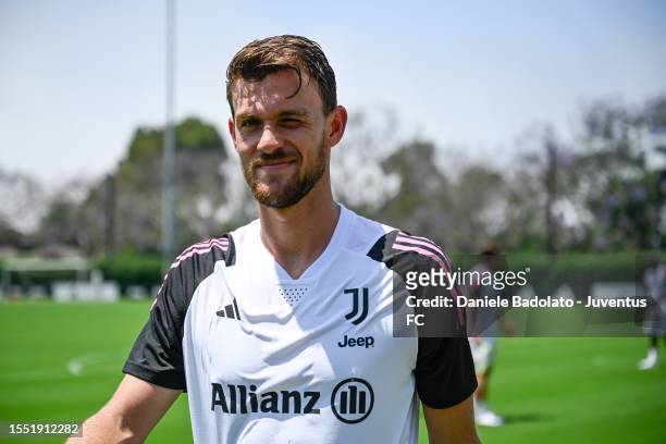 Daniele Rugani of Juventus smiles during a training session on July 24, 2023 in Los Angeles, California.