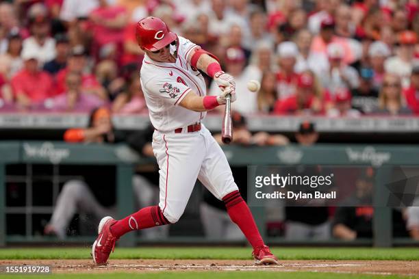 Matt McLain of the Cincinnati Reds hits a home run in the first inning against the San Francisco Giants at Great American Ball Park on July 17, 2023...