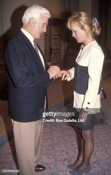 Actor Leslie Nielsen and wife Barbaree Earl attend Mission Hills Celebrity Sports Invitational on November 29, 1991 at Rancho Park in Los Angeles,...