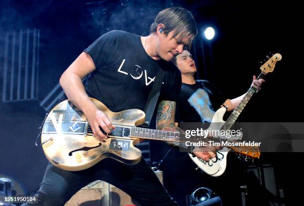 Tom DeLonge and Mark Hoppus of Blink 182 perform at Sleep Train Amphitheatre on September 12, 2009 in Wheatland, California.