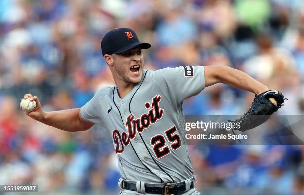 Starting pitcher Matt Manning of the Detroit Tigers pitches during the 1st inning of the game against the Kansas City Royals at Kauffman Stadium on...