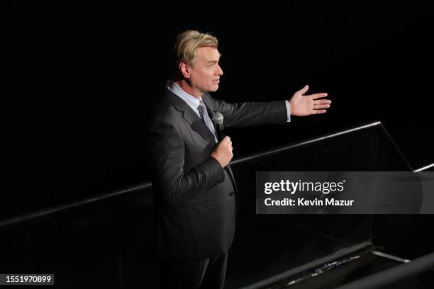 Christopher Nolan speaks during a special screening of OPPENHEIMER presented by the Filmmakers to celebrate the contributions of the film's crew and...