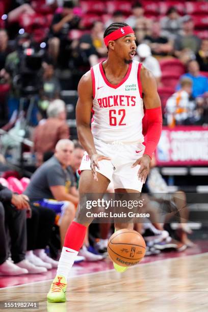 Nate Hinton of the Houston Rockets drives to the basket in the first half of a 2023 NBA Summer League game against the Houston Rockets at the Thomas...