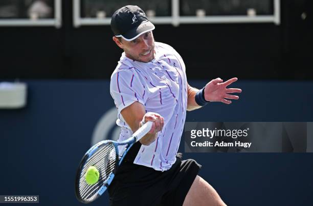 James Duckworth of Australia hits a right hand against Lloyd Harris during the first round of the ATP Atlanta Open at Atlantic Station on July 24,...