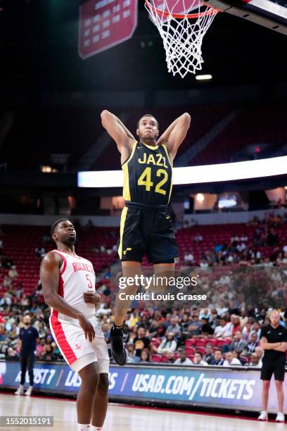 Taevion Kinsey of the Utah Jazz dunks in the second half of a 2023 NBA Summer League game against the Houston Rockets at the Thomas & Mack Center on...