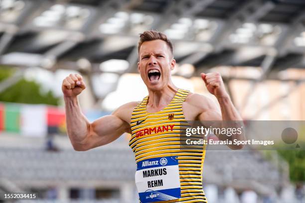 Markus Rehm of Germany celebrates after winning Men's Long Jump T64 Final during day seven of the Para Athletics World Championships Paris 2023 at...