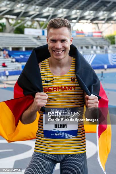 Markus Rehm of Germany celebrates after winning Men's Long Jump T64 Final during day seven of the Para Athletics World Championships Paris 2023 at...
