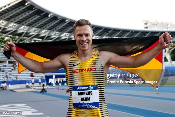 Markus Rehm of Germany celebrates after winning Men's Long Jump T64 Final during day seven of the Para Athletics World Championships Paris 2023 at...