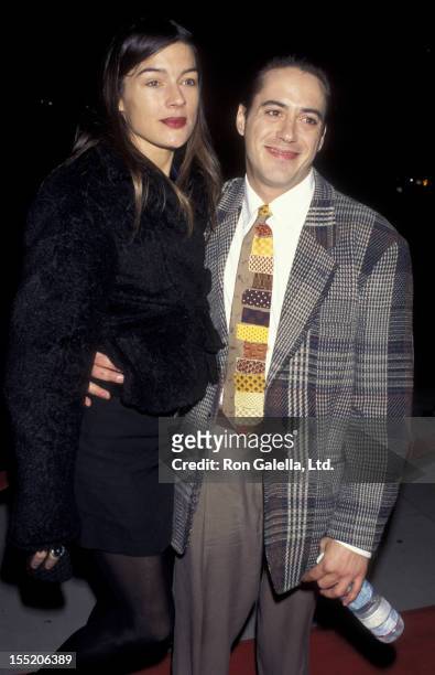 Actor Robert Downey Jr. And wife Deborah Falconer attend the premiere of "Restoration" on December 18, 1995 at the Academy Theater in Beverly Hills,...