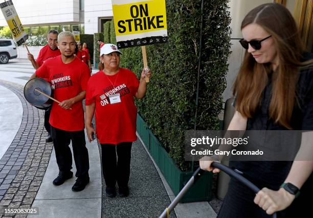 Southern California hotel workers walk out and strike at the Waldorf Astoria on Monday, July 24, 2023 in Beverly Hills, CA.