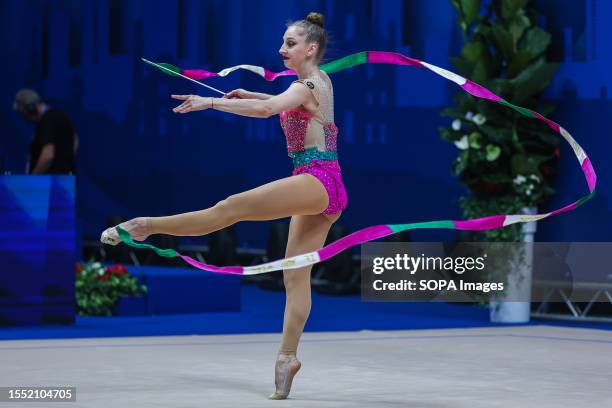 Kaleyn Boryana performs during the RGI Ribbon Final 2023 FIG Rhythmic Gymnastics World Cup series at Mediolanum Forum, Milan.