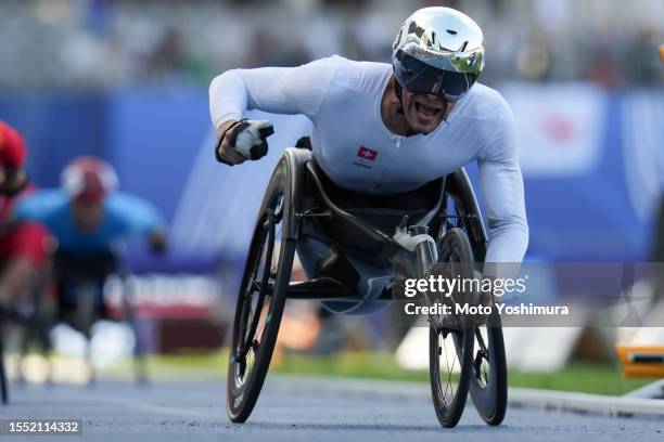 Marcel Hug of team Switzerland competes in Men's 800m T54 final during day nine of the Para Athletics World Championships Paris 2023 at Stade...