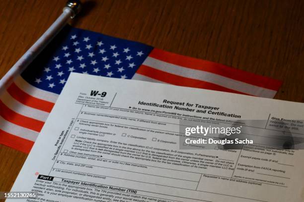 internal revenue service (irs) tax form on a usa flag - 1040 tax form stock-fotos und bilder