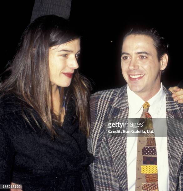 Actor Robert Downey Jr. And wife Deborah Falconer attend the premiere of "Restoration" on December 18, 1995 at the Academy Theater in Beverly Hills,...