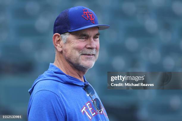 Bruce Bochy of the Texas Rangers looks on prior to the game against the Chicago White Sox at Guaranteed Rate Field on June 20, 2023 in Chicago,...