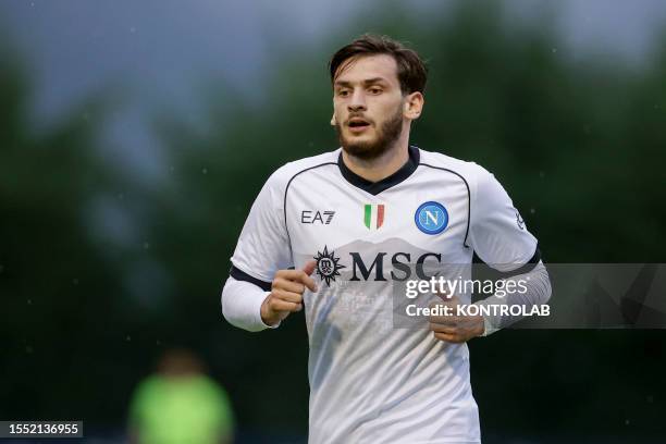 Napoli's forward Khvicha Kvaratskhelia gestures during friendly match SSC Napoli vs SPAL. Napoli and SPAL drew 1-1.