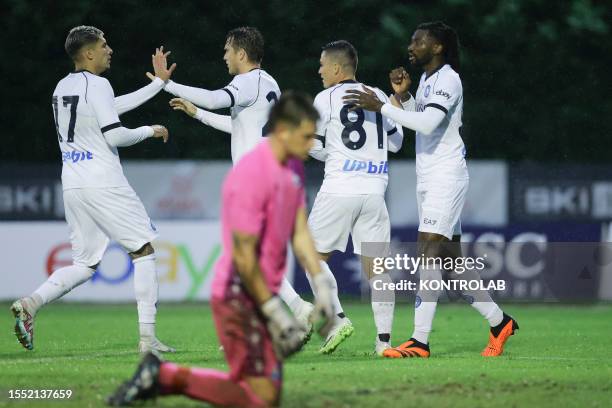 Napoli's Cameroonian midfielder Andre Zambo Anguissa celebrates with teammates after scoring a goal during friendly match SSC Napoli vs SPAL. Napoli...