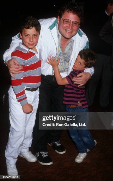 Actor Stephen Furst and sons Nathan Furst and Griff Furst attend the premiere of "Rumpelstiltskin" on April 3, 1987 at the Academy Theater in Beverly...