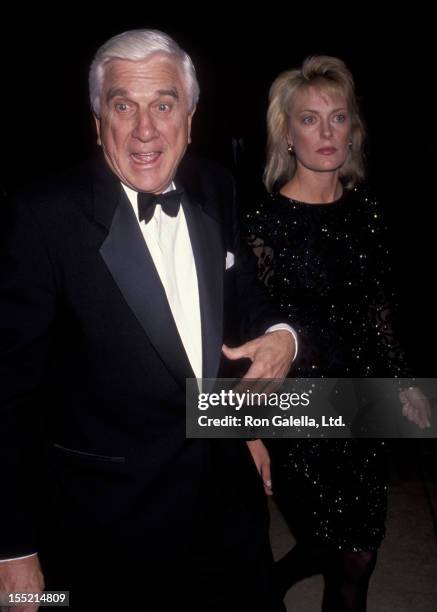 Actor Leslie Nielsen and wife Barbaree Earl attend Fire and Ice Ball Benefit on December 4, 1991 at the Beverly Hilton Hotel in Beverly Hills,...