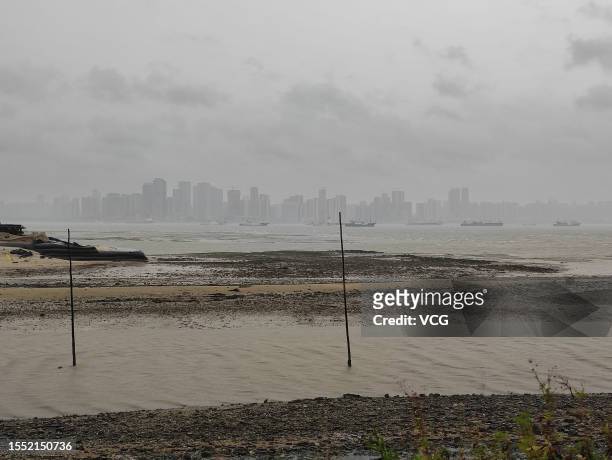 Dark clouds hang over the skyline as typhoon Talim approaches on July 17, 2023 in Zhanjiang, Guangdong Province of China. Talim, the 4th typhoon of...