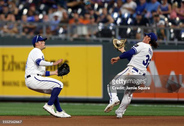 Michael Massey of the Kansas City Royals looks on as Nick Pratto makes an over-the-shoulder catch during the 6th inning of the game against the...