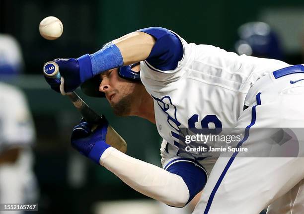 Drew Waters of the Kansas City Royals attempts to bunt during the 7th inning of the game against the Detroit Tigers at Kauffman Stadium on July 17,...