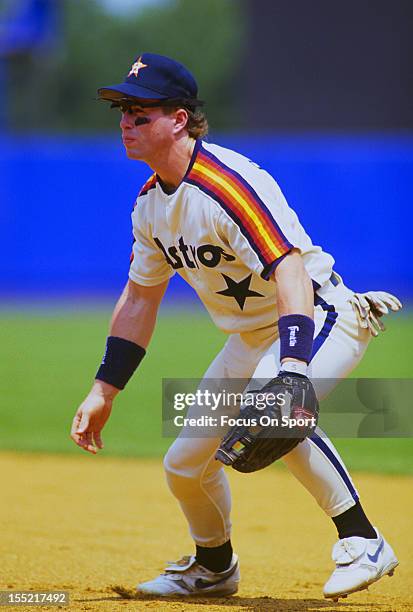 Jeff Bagwell of the Houston Astros stands ready for action at his position against the New York Mets during an Major League Baseball game circa 1991...