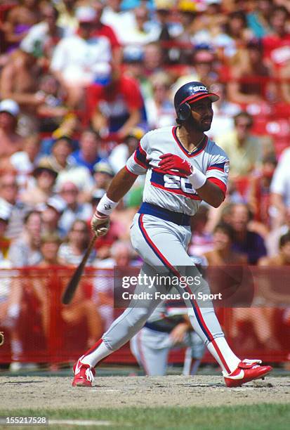 Harold Baines of the Chicago White Sox bats against the Milwaukee Brewers during an Major League Baseball game circa 1982 at Milwaukee County Stadium...