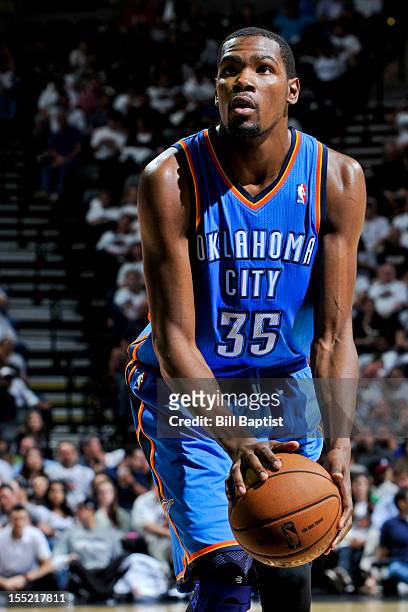 Kevin Durant of the Oklahoma City Thunder shoots a free-throw against the San Antonio Spurs on November 1, 2012 at the AT&T Center in San Antonio,...