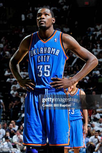 Kevin Durant of the Oklahoma City Thunder waits to shoot a free-throw against the San Antonio Spurs on November 1, 2012 at the AT&T Center in San...