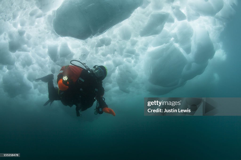 Male scuba diver swimming under an iceberg