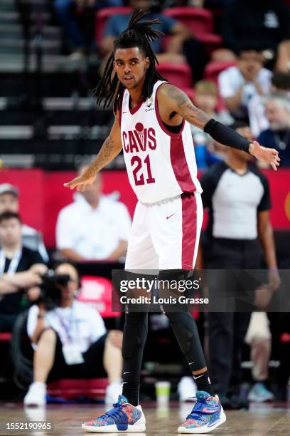 Emoni Bates of the Cleveland Cavaliers looks on in the first half of a 2023 NBA Summer League Championship game against the Houston Rockets at the...