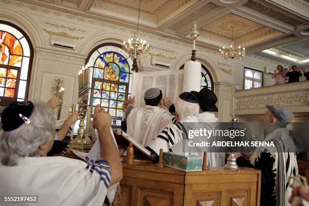 Moroccan Jewish community members attend prayers at Casablanca's Great Synagogue during ceremonies marking the end of the religious festivities, 05...