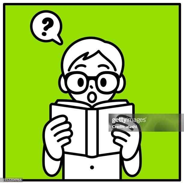 illustrations, cliparts, dessins animés et icônes de un garçon avec des lunettes à monture de corne lit un livre et pose des questions, style minimaliste, contour noir et blanc - enfant asie regardant l'objectif une seule personne