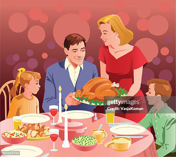 ilustraciones, imágenes clip art, dibujos animados e iconos de stock de feliz familia en celebrar el día de acción de gracias - pavo navidad