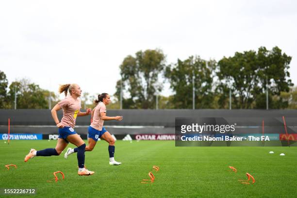Katie Robinson and Lucy Staniforth of England train during an England Training Session at Spencer Park on July 18, 2023 in Brisbane, Australia.