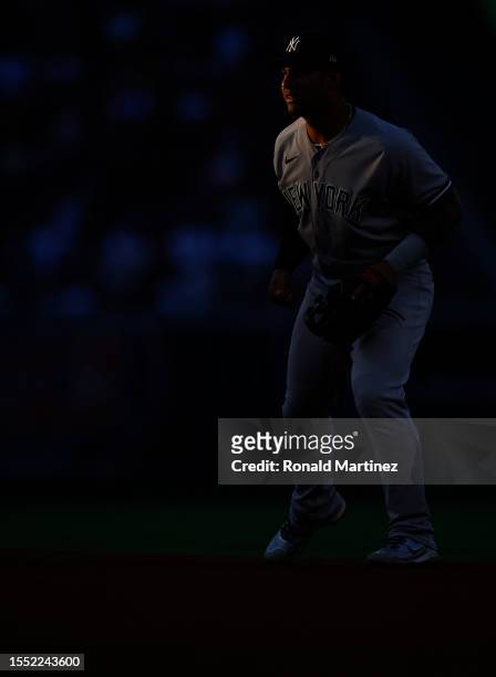 Gleyber Torres of the New York Yankees during the third inning against the Los Angeles Angels at Angel Stadium of Anaheim on July 17, 2023 in...