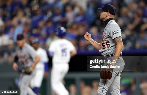 Pitcher Alex Lange of the Detroit Tigers reacts after the final out as the Tigers defeat the Kansas City Royals 3-2 to win the game at Kauffman...