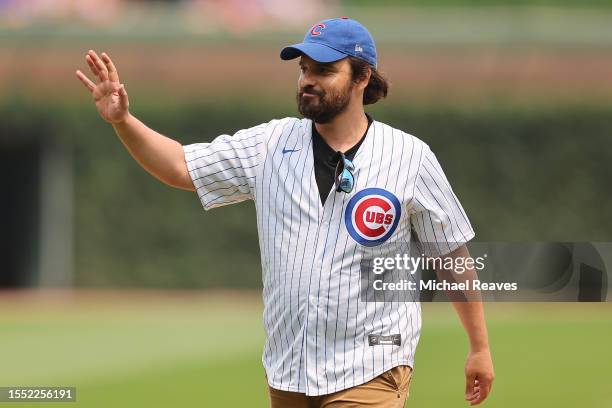 Actor Jake Johnson looks on prior to the game between the Chicago Cubs and the Boston Red Sox at Wrigley Field on July 16, 2023 in Chicago, Illinois.