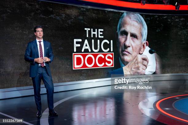 Host Jesse Watters discusses Dr. Anthony Fauci as "Jesse Watters Primetime" debuts on Fox News at Fox News Channel Studios on July 17, 2023 in New...