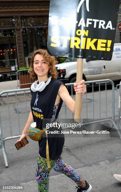 Tatiana Maslany is seen picketing with SAG-AFTRA and WGA members in Lower Manhattan on July 24, 2023 in New York City.