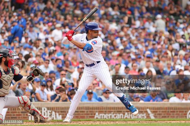 Christopher Morel of the Chicago Cubs at bat against the Boston Red Sox at Wrigley Field on July 16, 2023 in Chicago, Illinois.