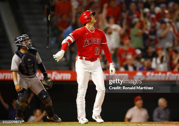 Shohei Ohtani of the Los Angeles Angels after hitting a two-run home run against the New York Yankees in the seventh inning at Angel Stadium of...
