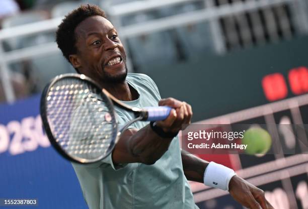 Gael Monfils of France hits a shot against Thanasi Kokkinakis during the first round of the ATP Atlanta Open at Atlantic Station on July 24, 2023 in...