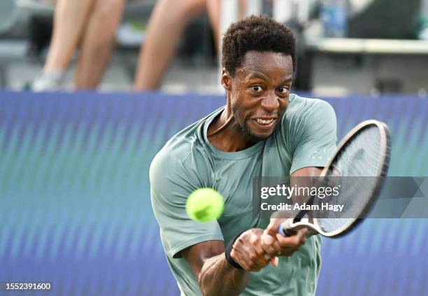 Gael Monfils of France hits a shot against Thanasi Kokkinakis during the first round of the ATP Atlanta Open at Atlantic Station on July 24, 2023 in...