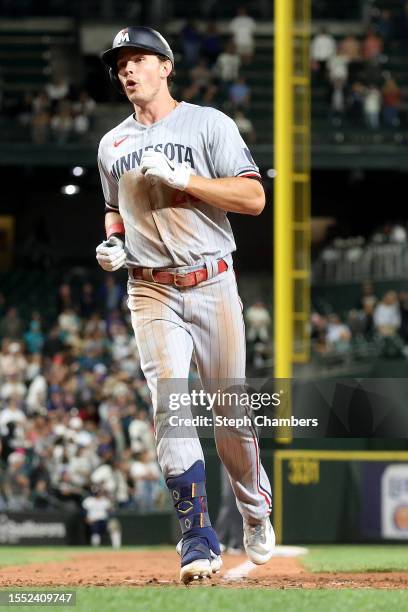 Max Kepler of the Minnesota Twins celebrates his three run home run during the ninth inning against the Seattle Mariners at T-Mobile Park on July 17,...