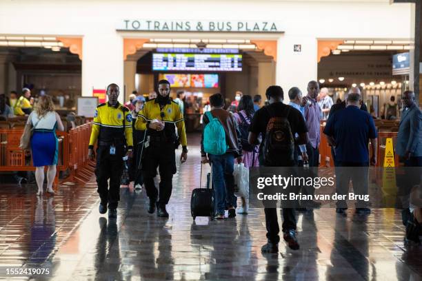 Los Angeles, CA METRO security officers, left, patrol at Union Station on Monday, July 24, 2023 in Los Angeles, CA.