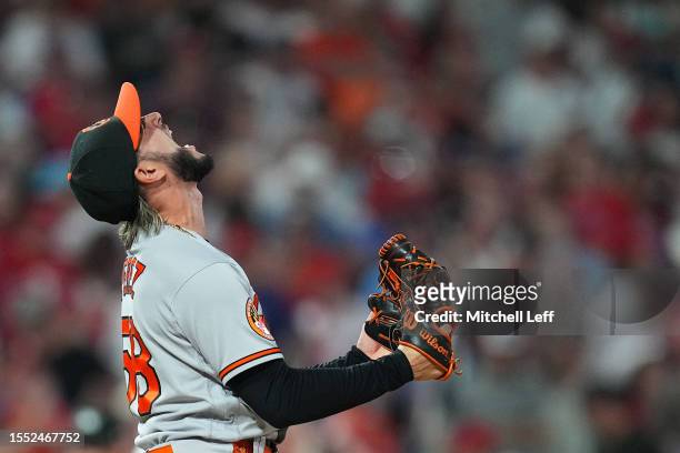 Cionel Perez of the Baltimore Orioles reacts after the game against the Philadelphia Phillies at Citizens Bank Park on July 24, 2023 in Philadelphia,...