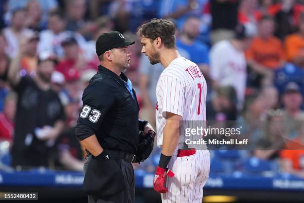Trea Turner of the Philadelphia Phillies argues with home plate umpire Will Little after getting ejected in the bottom of the fifth inning against...